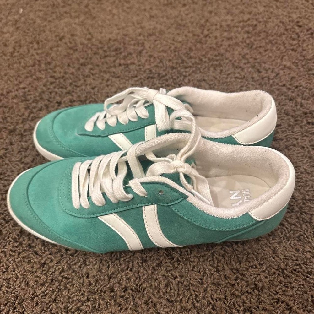 white and green suede trainers